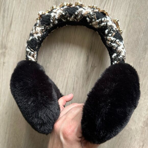 Anthropologie Fancy Plaid Embellished Faux Fur Earmuffs - Black main image 6